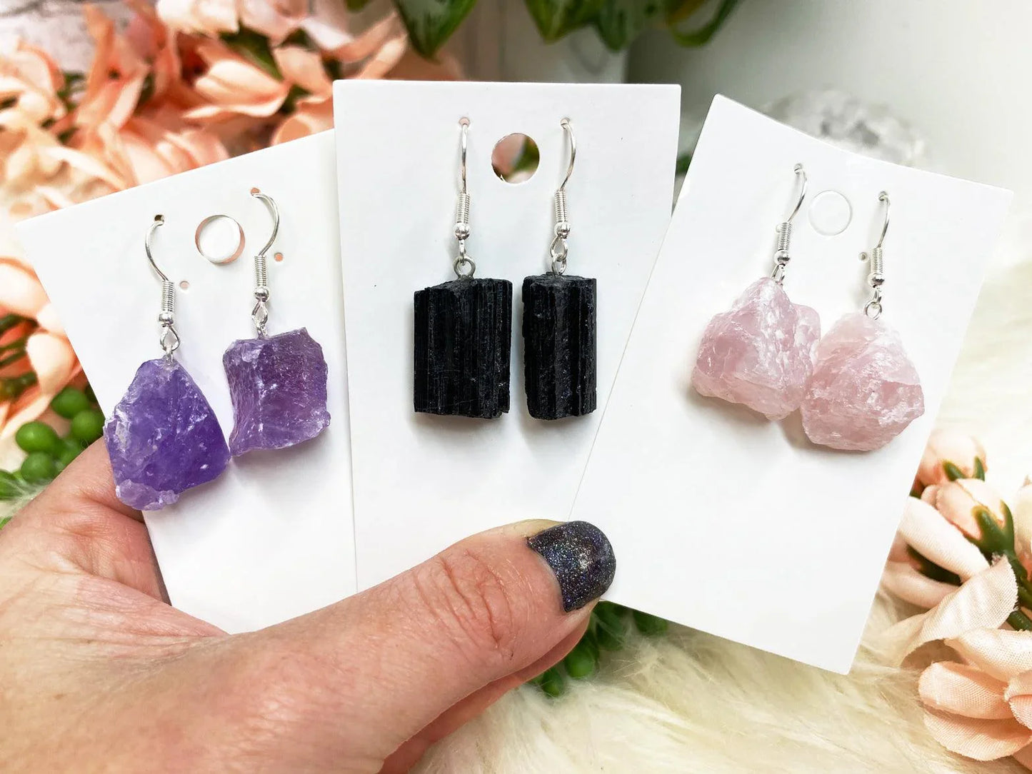    Raw-Purple-Amethyst-Pink-Rose-Quartz-Black-Tourmaline-Crystal-Earrings