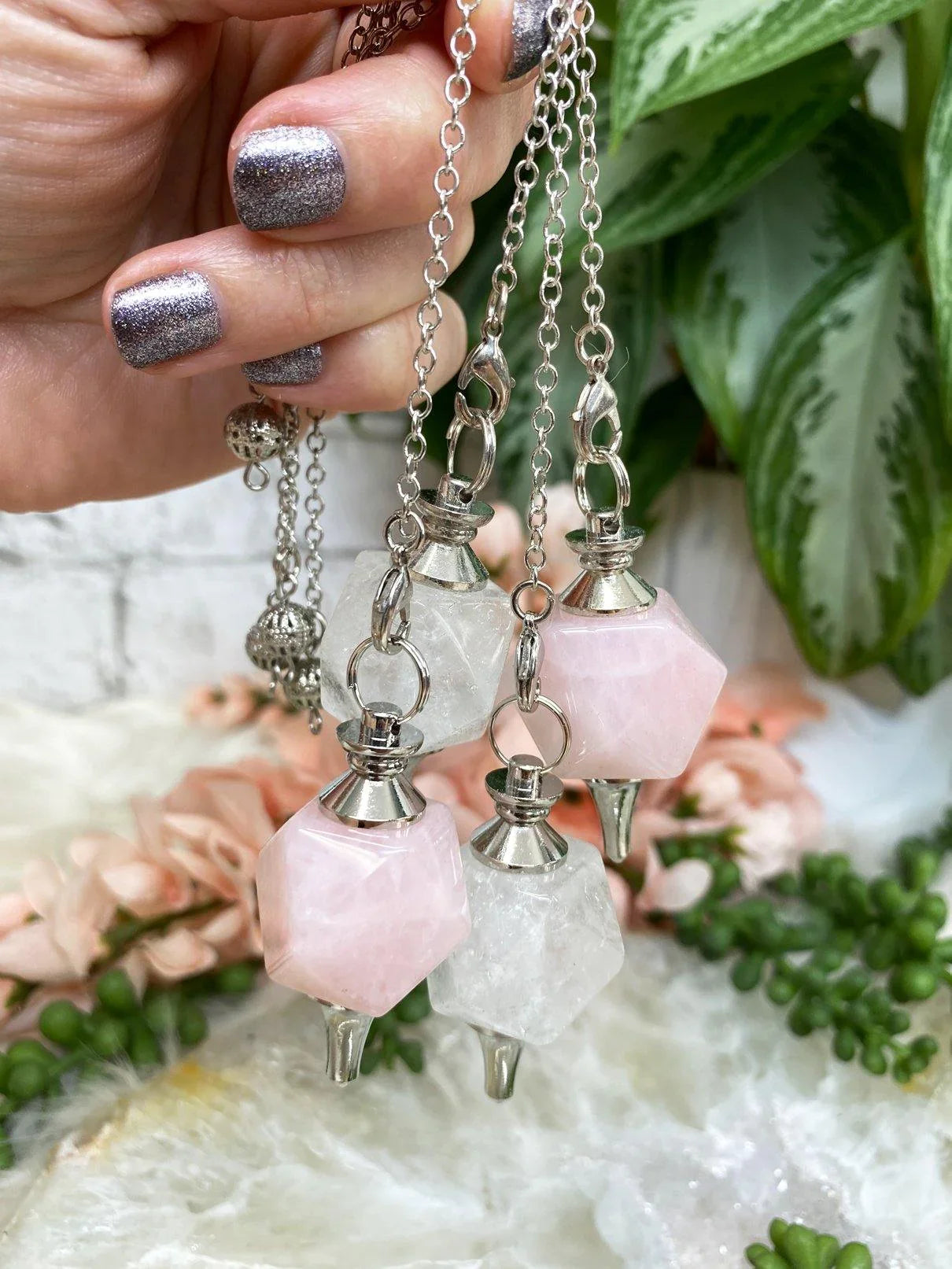 Rose-Clear-Quartz-Crystal-Pendulum-Silver-Metal