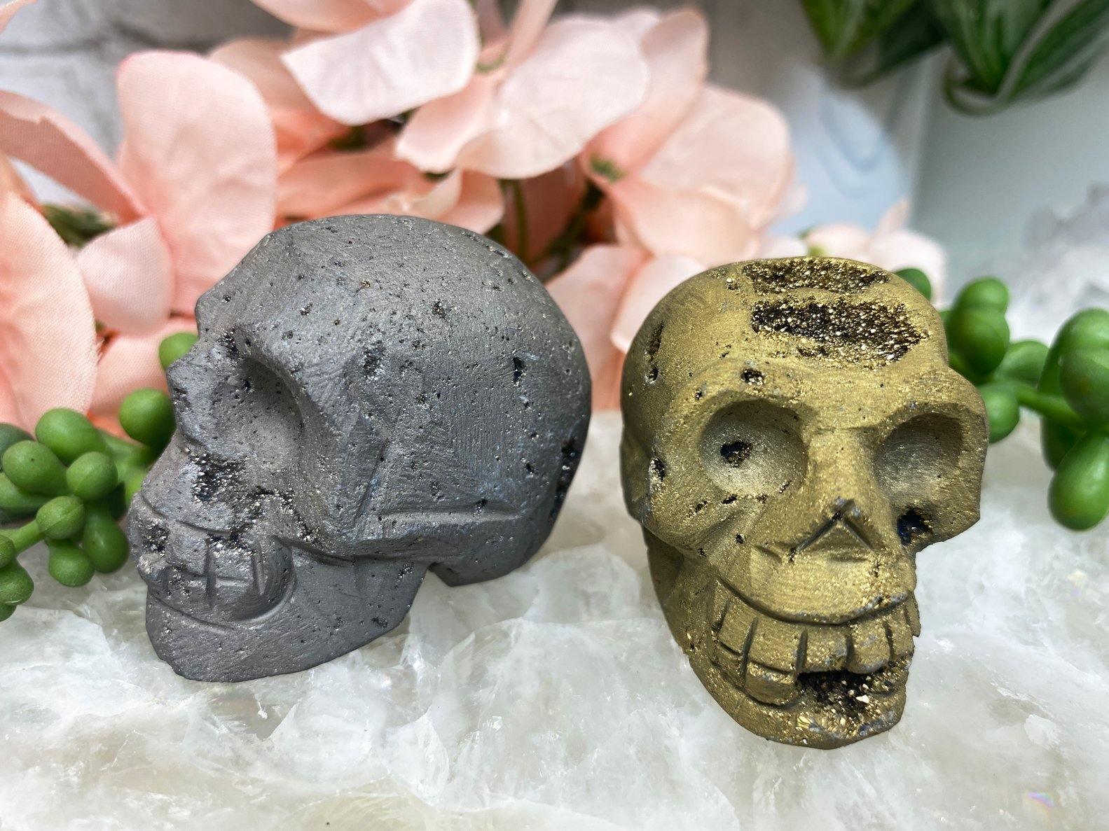 Silver-Gold-Titanium-Aura-Druzy-Quartz-Crystal-Skulls