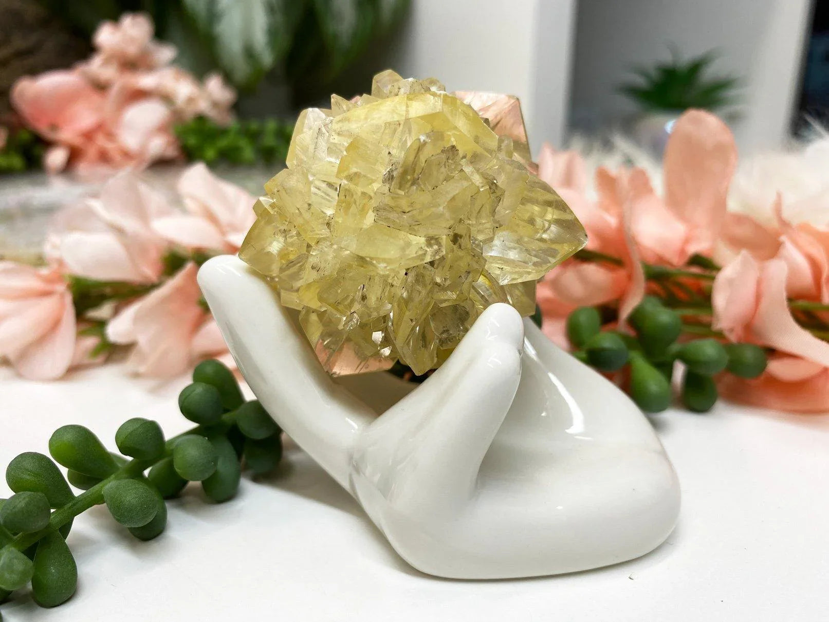 White-Ceramic-Hand-Crystal-Display-Stand-Holding-Red-River-Floodway-Gypsum-Starr