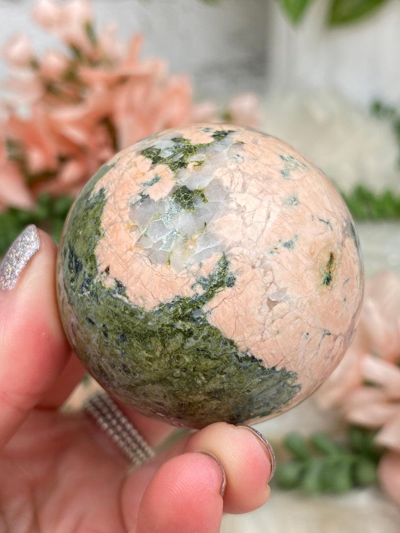 green-epidote-pink-feldspar-sphere