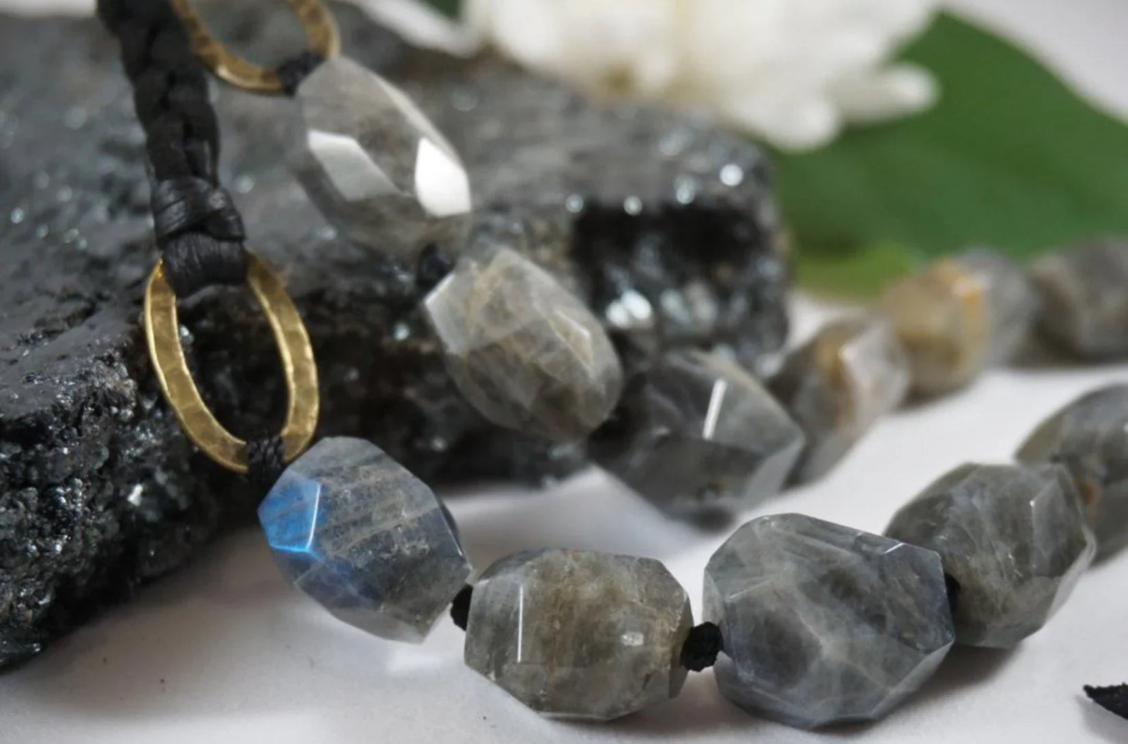 Faceted Crystal & Braided Vegan Leather Necklace 